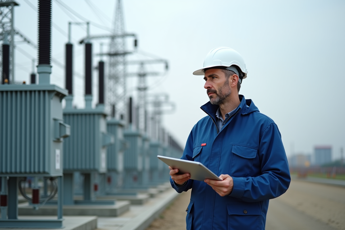 Ingénieur en veste bleue devant une sous-station électrique moderne