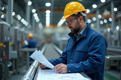 Ingénieur industriel en review de schéma dans une usine