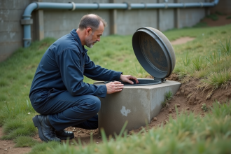 Homme professionnel vérifiant un bac tampon en extérieur