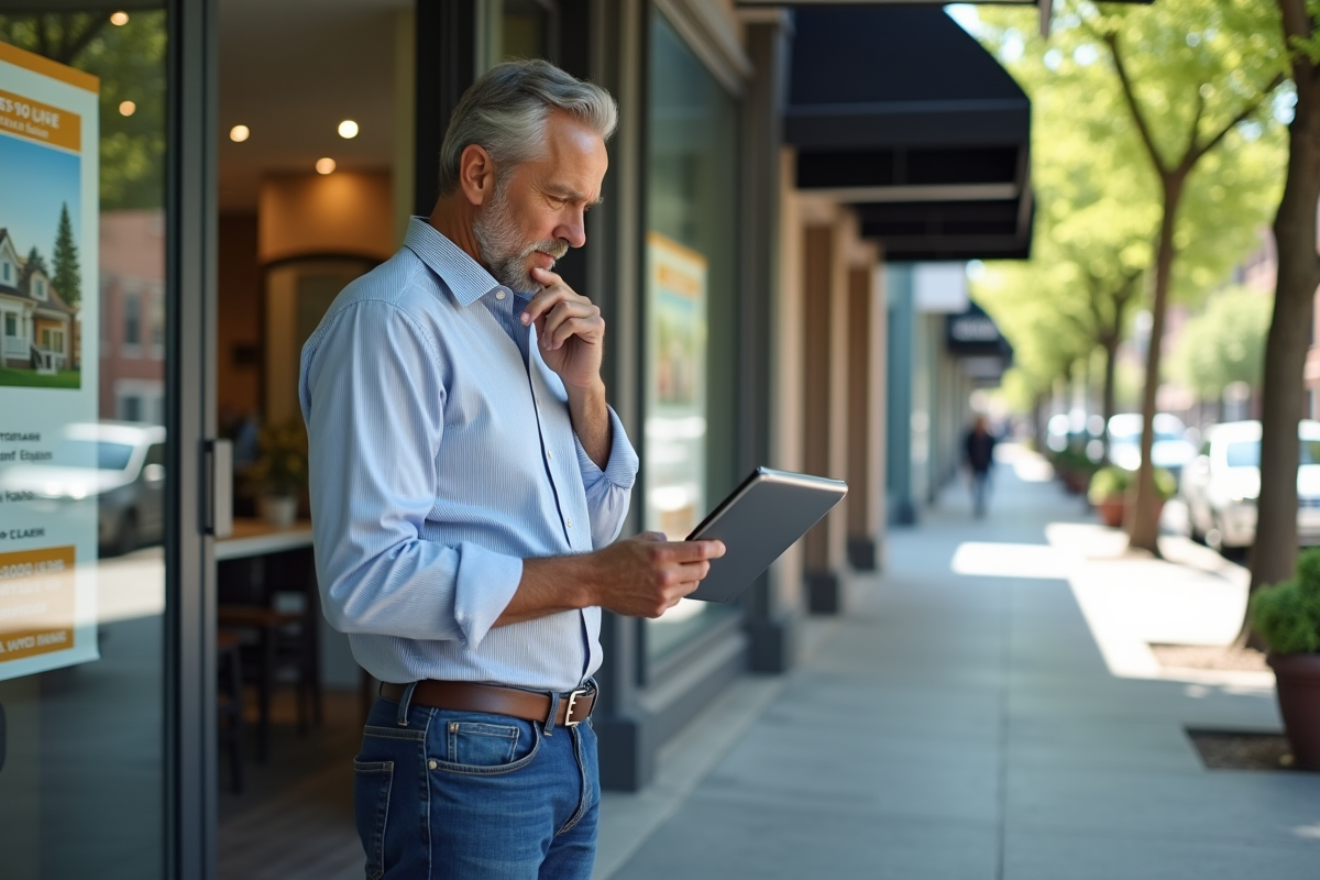 Homme inspectant une annonce immobiliere sur tablette