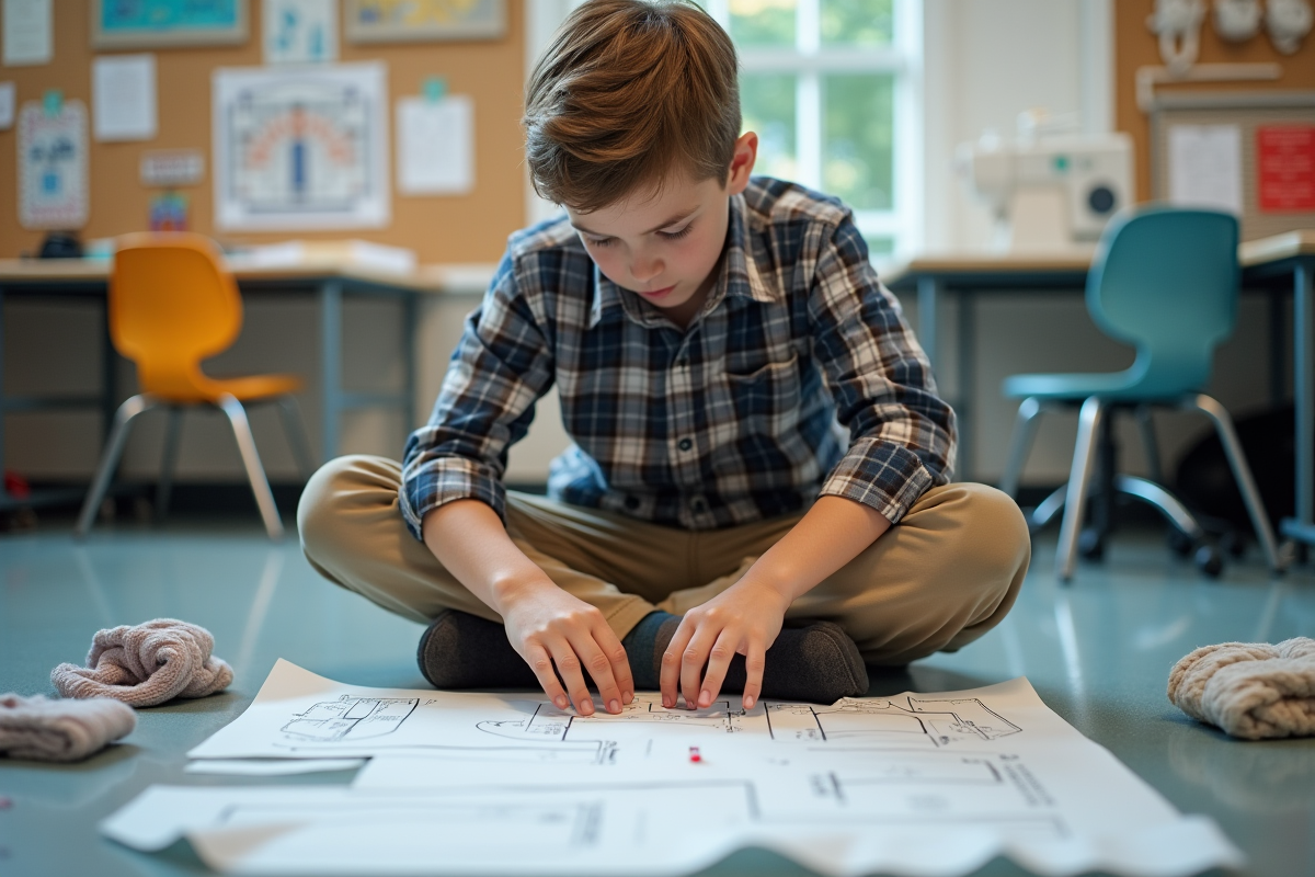 Adolescent cousant un patron sur le tissu en classe