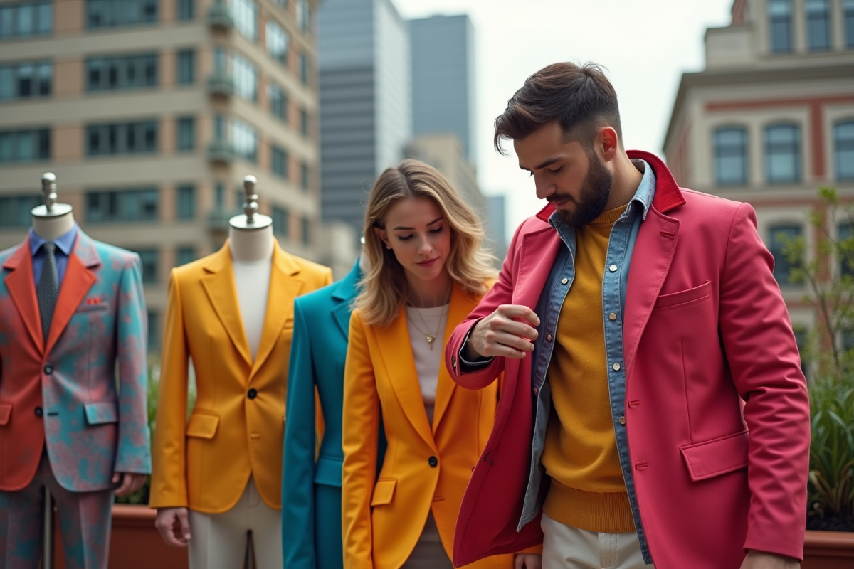 Jeune créateur de mode ajustant un mannequin en extérieur urbain