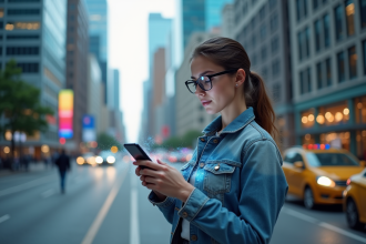 Jeune femme avec lunettes interactant avec réalité augmentée en ville