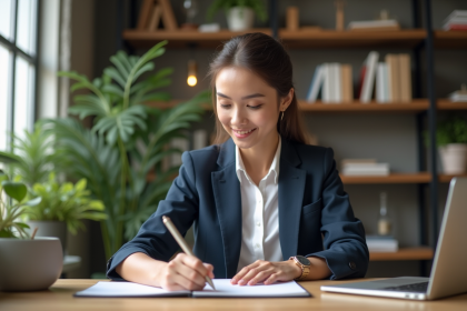 Jeune femme en bureau moderne esquissant des idées