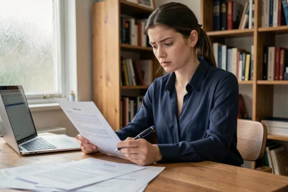 Jeune femme relisant son CV avec des annotations à la main dans un bureau à domicile, erreurs de candidature animation jeunesse