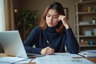 Jeune femme en service civique examinant des documents administratifs liés à sa rémunération à son bureau à domicile