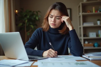 Jeune femme en service civique examinant des documents administratifs liés à sa rémunération à son bureau à domicile