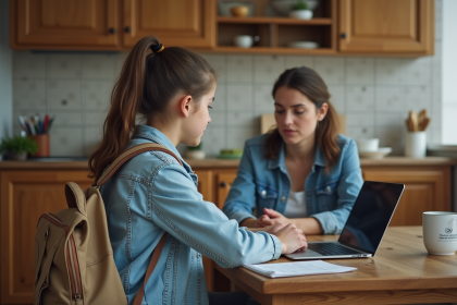 Jeune fille française de 14 ans avec sa mère à la cuisine