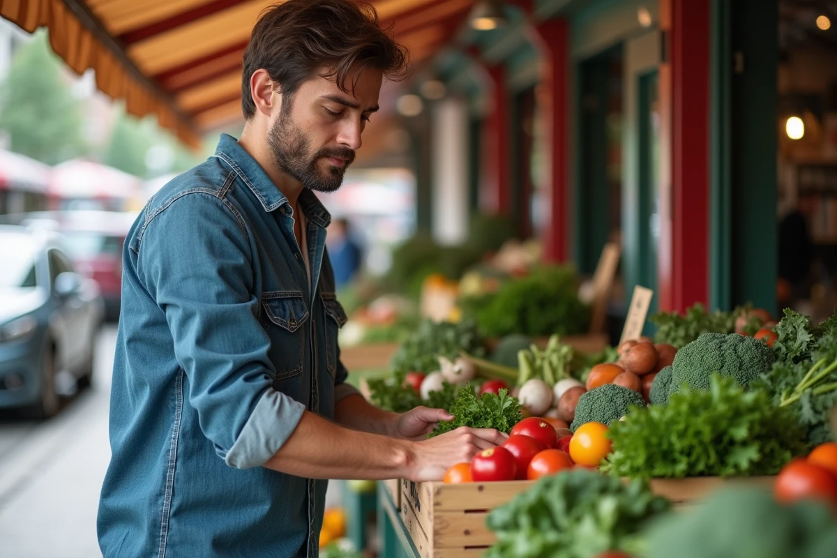 Jeune homme examine légumes frais au marché en plein air