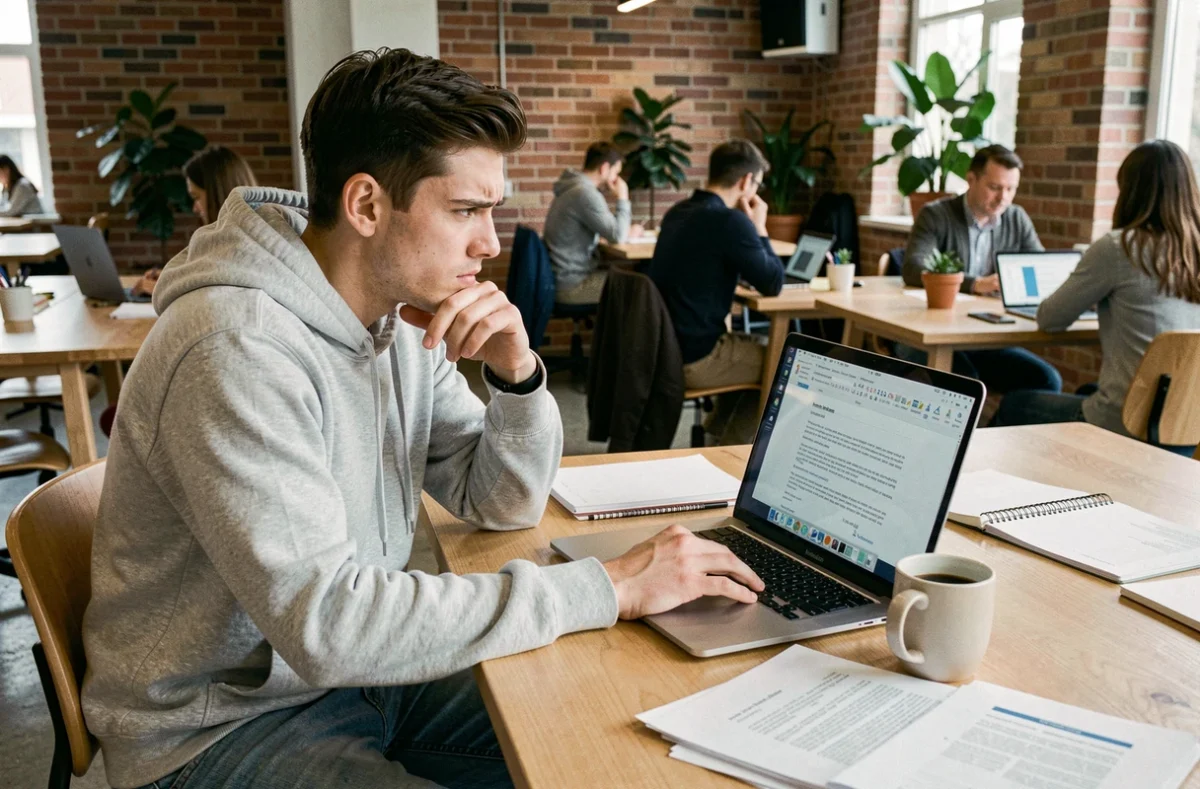 Jeune homme frustré devant sa lettre de motivation sur ordinateur portable dans un espace de coworking, erreurs courantes candidature animateur