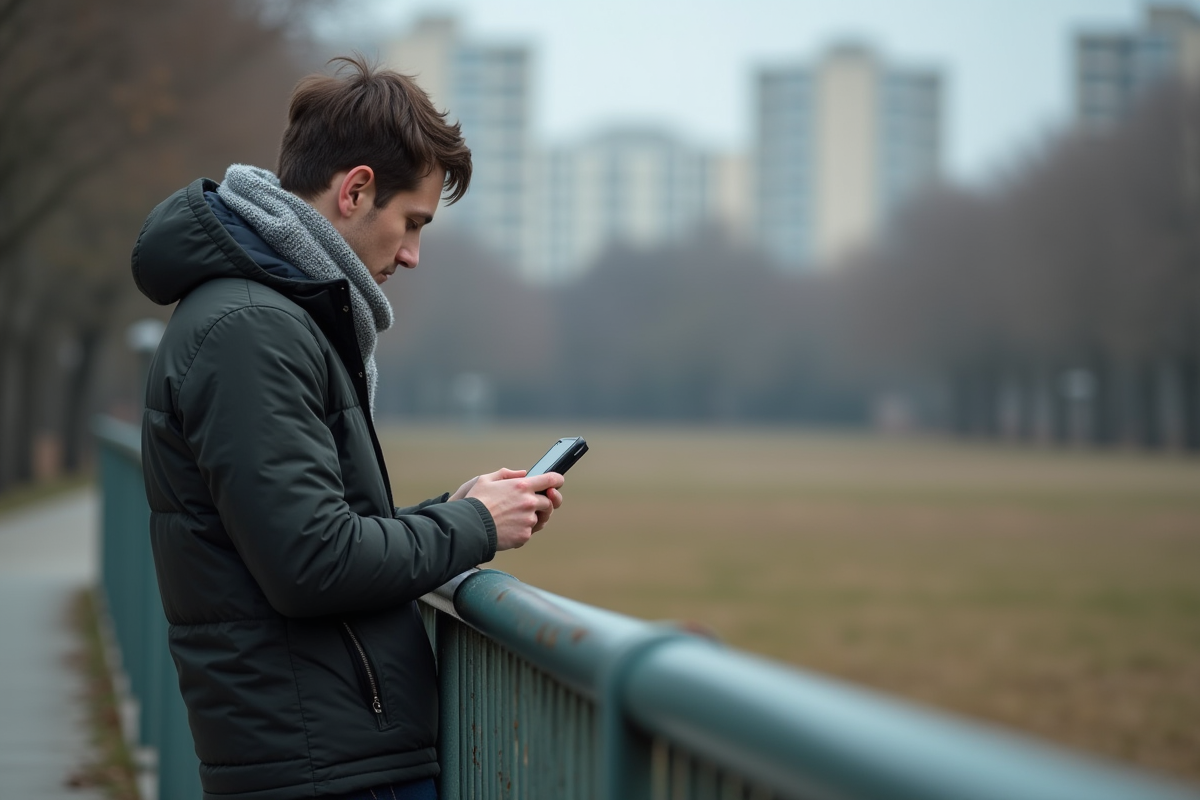 Jeune homme regardant son téléphone dans un parc urbain