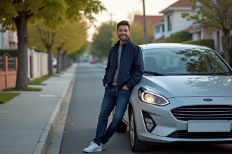 Jeune homme souriant à côté d'une voiture en quartier résidentiel
