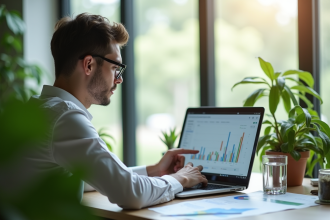 Jeune professionnel analysant graphiques d'investissement durable