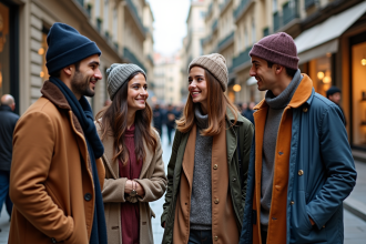 Groupe de jeunes adultes en tenues traditionnelles et modernes dans une rue européenne