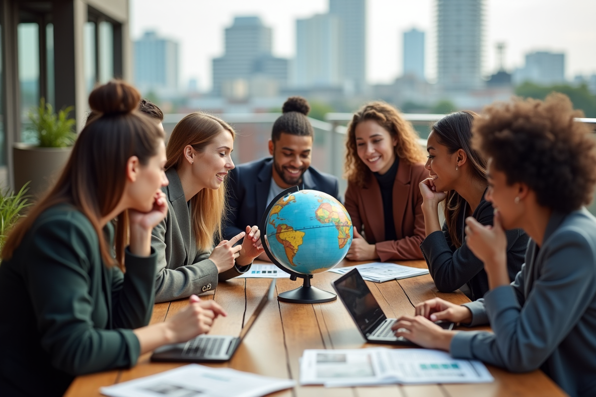 Jeunes adultes discutant autour d un globe en terrasse