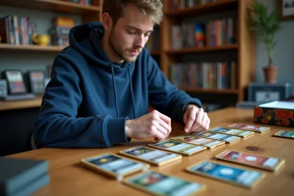 Joueur adulte organisant un deck Pokémon Pocket sur un bureau en bois dans une salle de jeu de collection