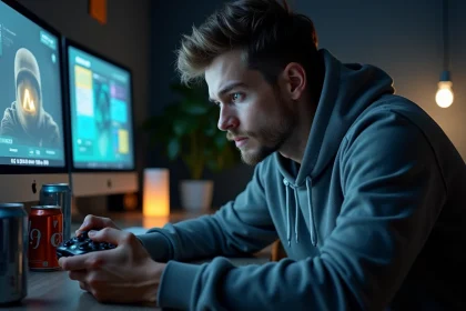 Jeune homme concentré jouant à un jeu de la bombe en ligne sur son PC avec une expression de stress intense