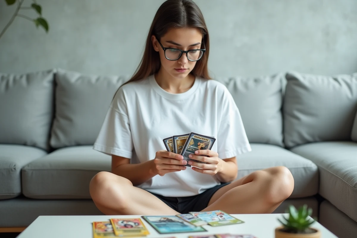 Joueuse analysant sa main de cartes Pokémon Pocket assise dans un salon minimaliste moderne