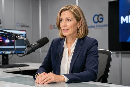 Journaliste française professionnelle en plateau de télévision lors d'une émission en direct