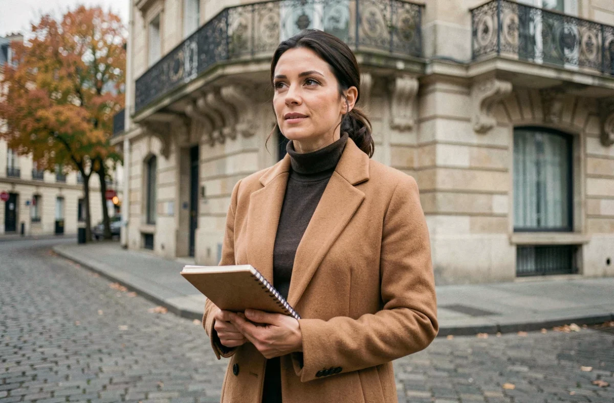 Journaliste française en reportage dans les rues de Paris avec carnet de notes