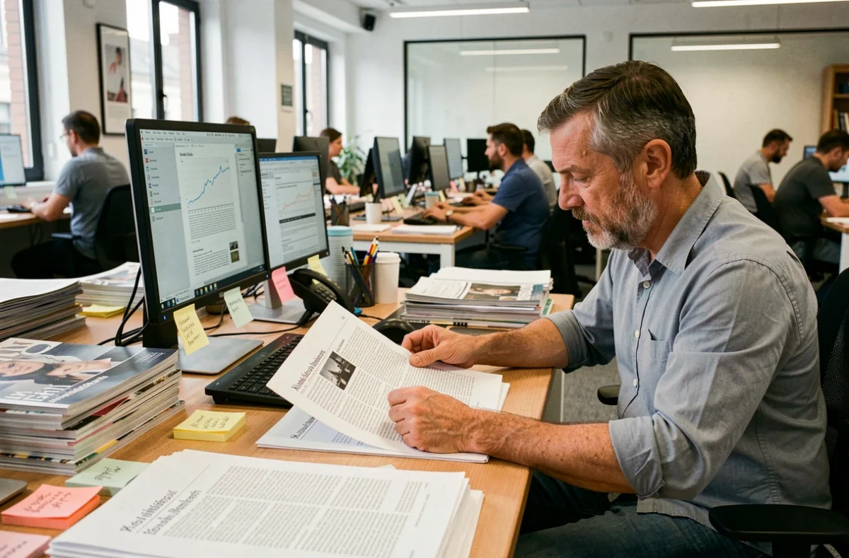 Journaliste français travaillant dans une salle de rédaction moderne entourée de magazines et d'écrans