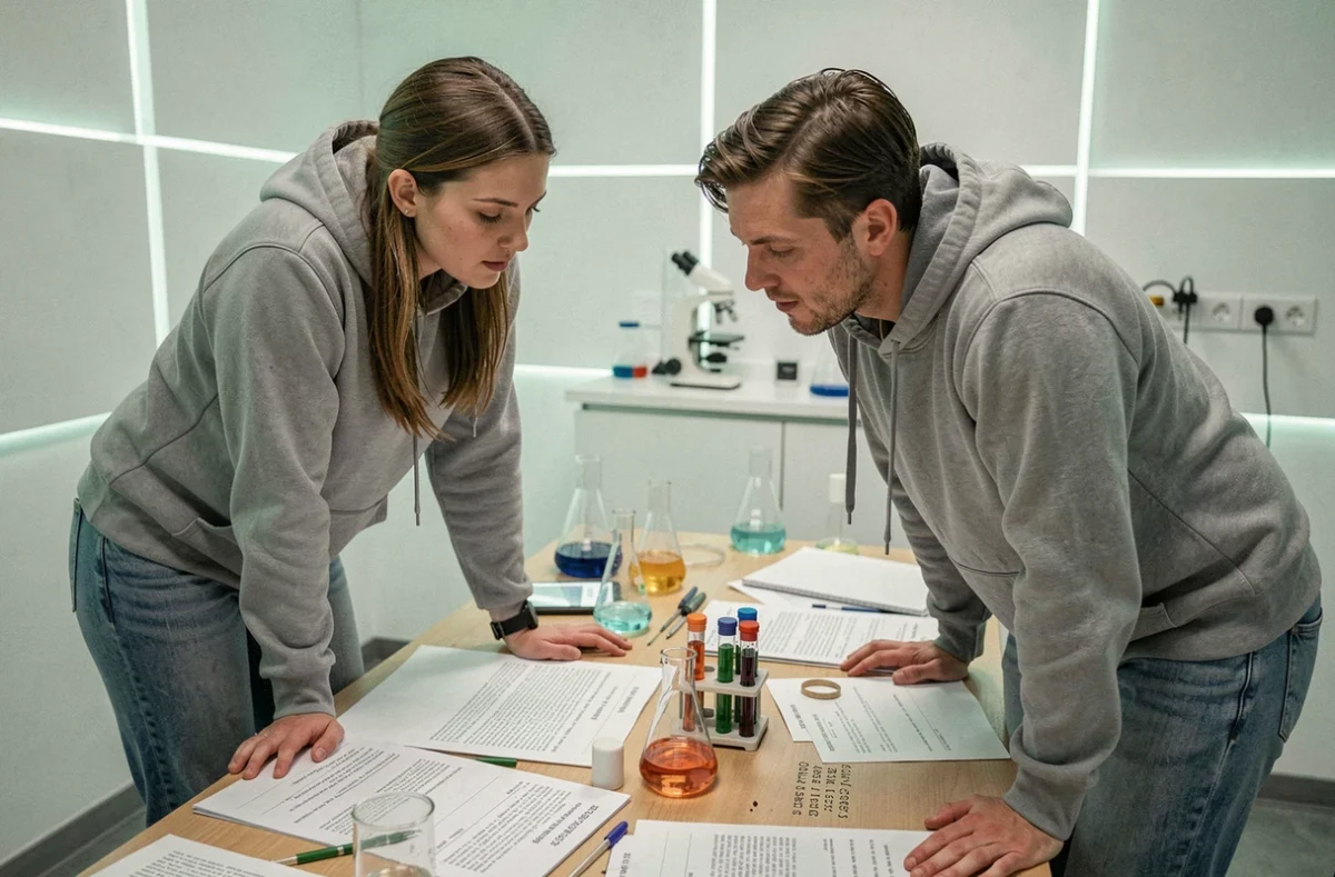 Deux joueurs penchés sur une table d'indices scientifiques dans la salle d'escape game Lambda Escape à Saint-Louis