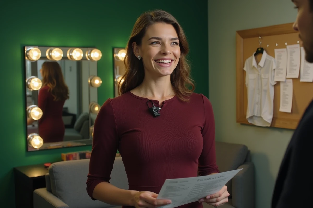 Jeune présentatrice dans une loge de télévision avec micro cravate, illustrant les coulisses des débuts à la télévision