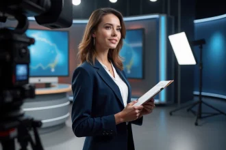 Jeune femme présentatrice dans un studio de télévision professionnel tenant un clipboard, illustrant les débuts à la télévision