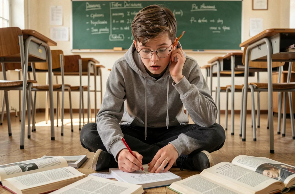 Un lycéen étudie des didascalies de pièces classiques françaises assis sur le sol d'une salle de classe entourée de manuels littéraires