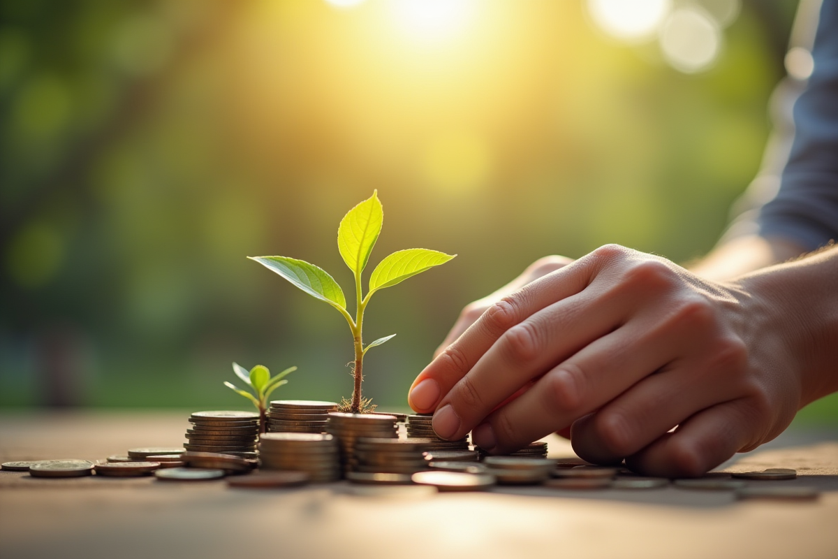 Mains cultivant une petite plante sur des pièces de monnaie