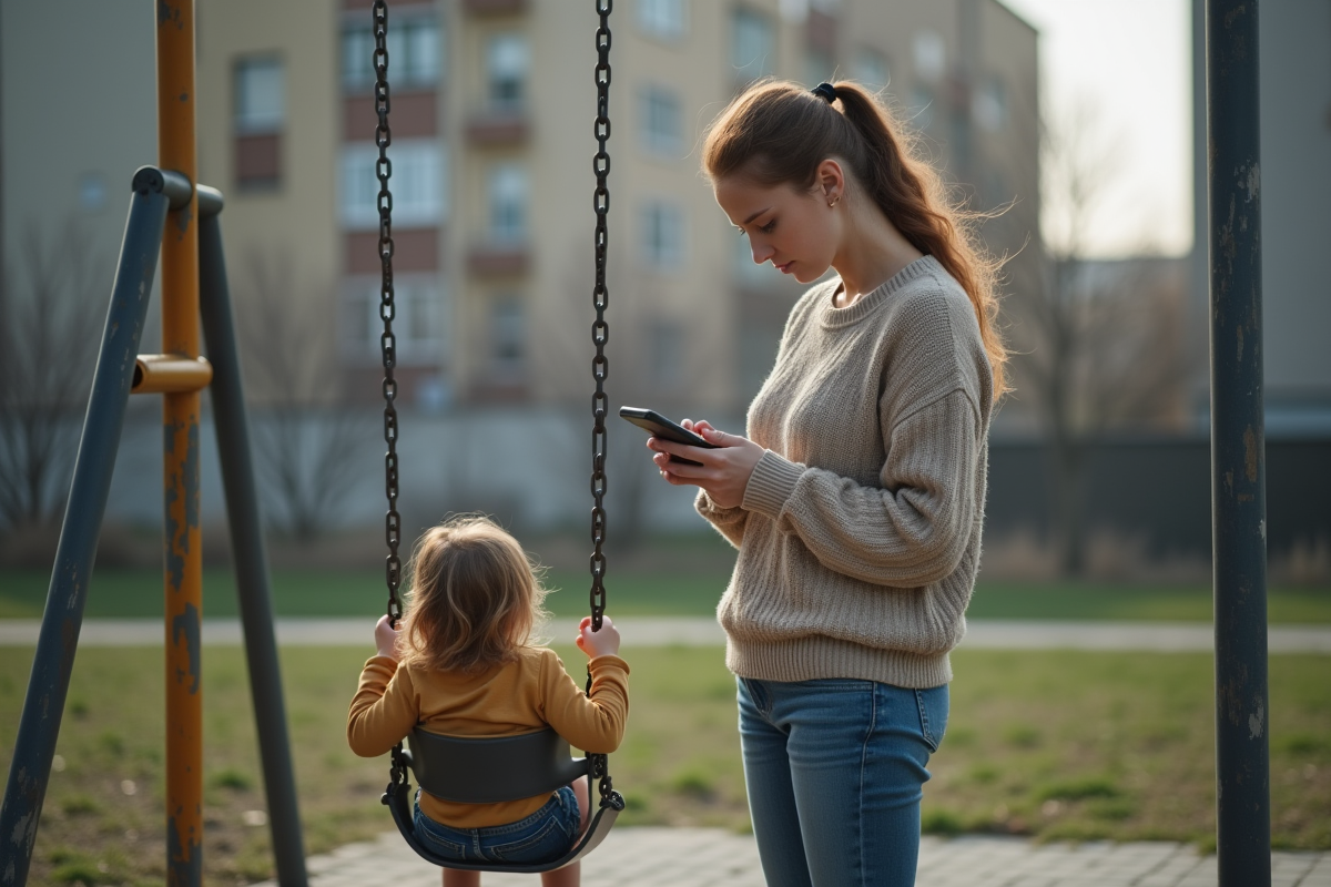 Mère fatiguée avec sa fille dans un parc urbain