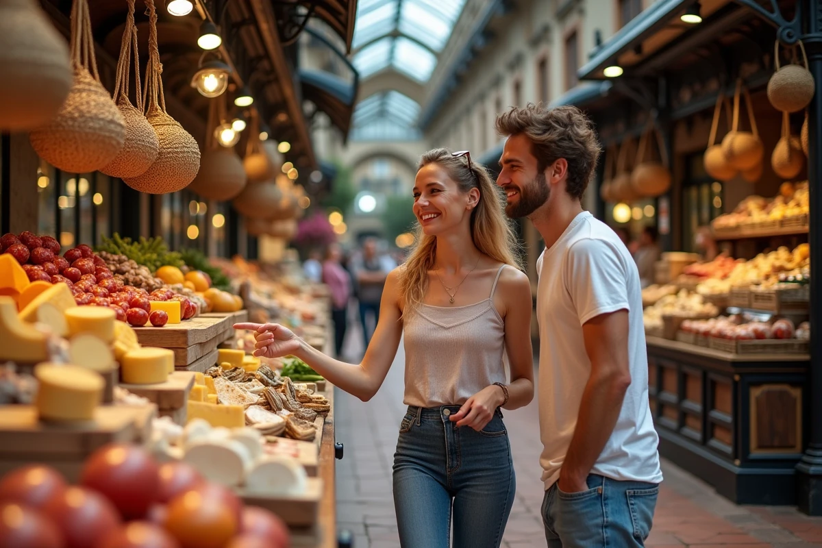 Deux amis découvrant les produits régionaux au Marché Victor Hugo de Toulouse