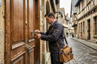 Serrurier professionnel intervenant sur une porte dans une rue de Rouen avec architecture normande en arrière-plan