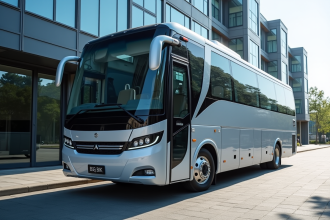 Minibus 20 places moderne devant un immeuble contemporain