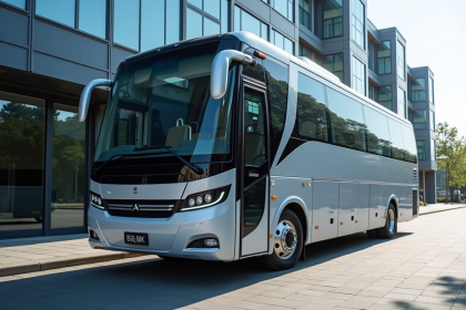 Minibus 20 places moderne devant un immeuble contemporain