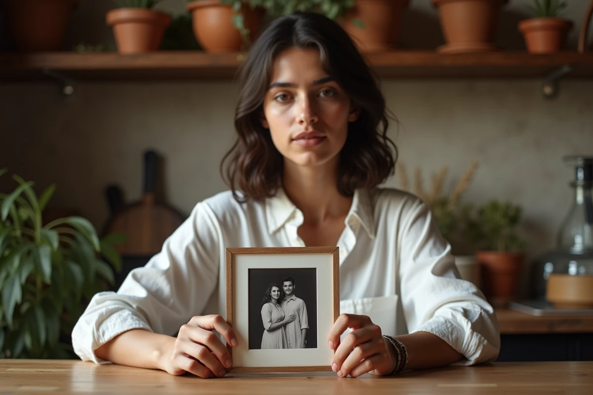 Jeune femme tenant une photo de famille dans une cuisine traditionnelle chaleureuse évoquant les racines et l'enfance
