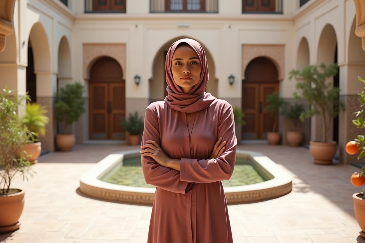 Femme en robe rose dans un riad marocain traditionnel avec fontaine en mosaïque et orangers, évoquant les origines et la religion