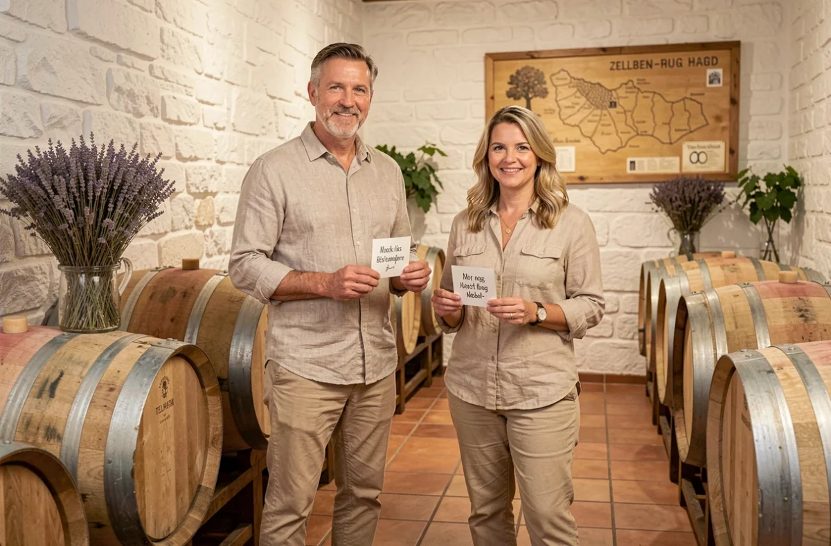 Couple de joueurs tenant des étiquettes de vin comme indices entre des rangées de tonneaux dans l'escape game viticole Oenolo Game Bio à Zellenberg