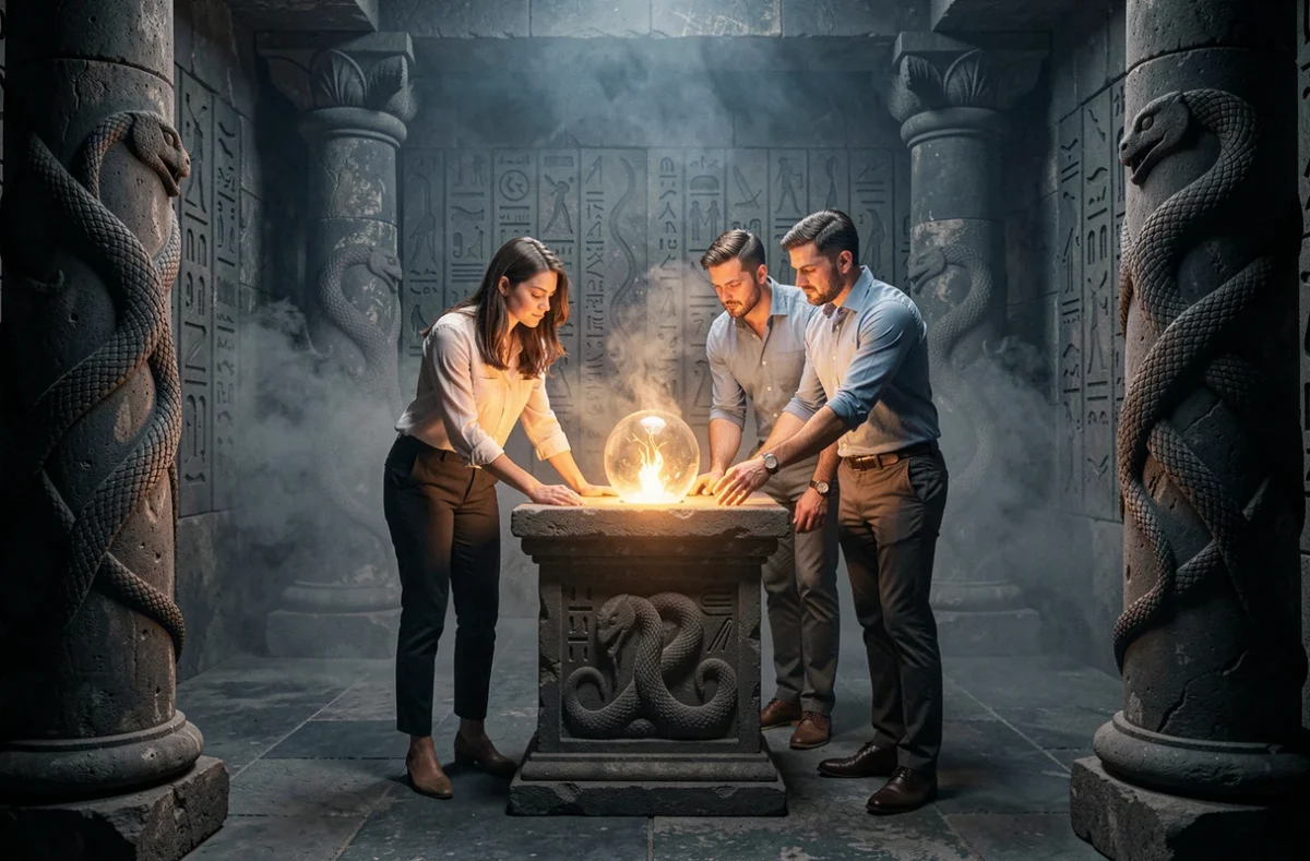 Trois joueurs contemplant un artefact lumineux sur un piédestal dans le décor mythologique de Pandorium à Morschwiller-le-Bas