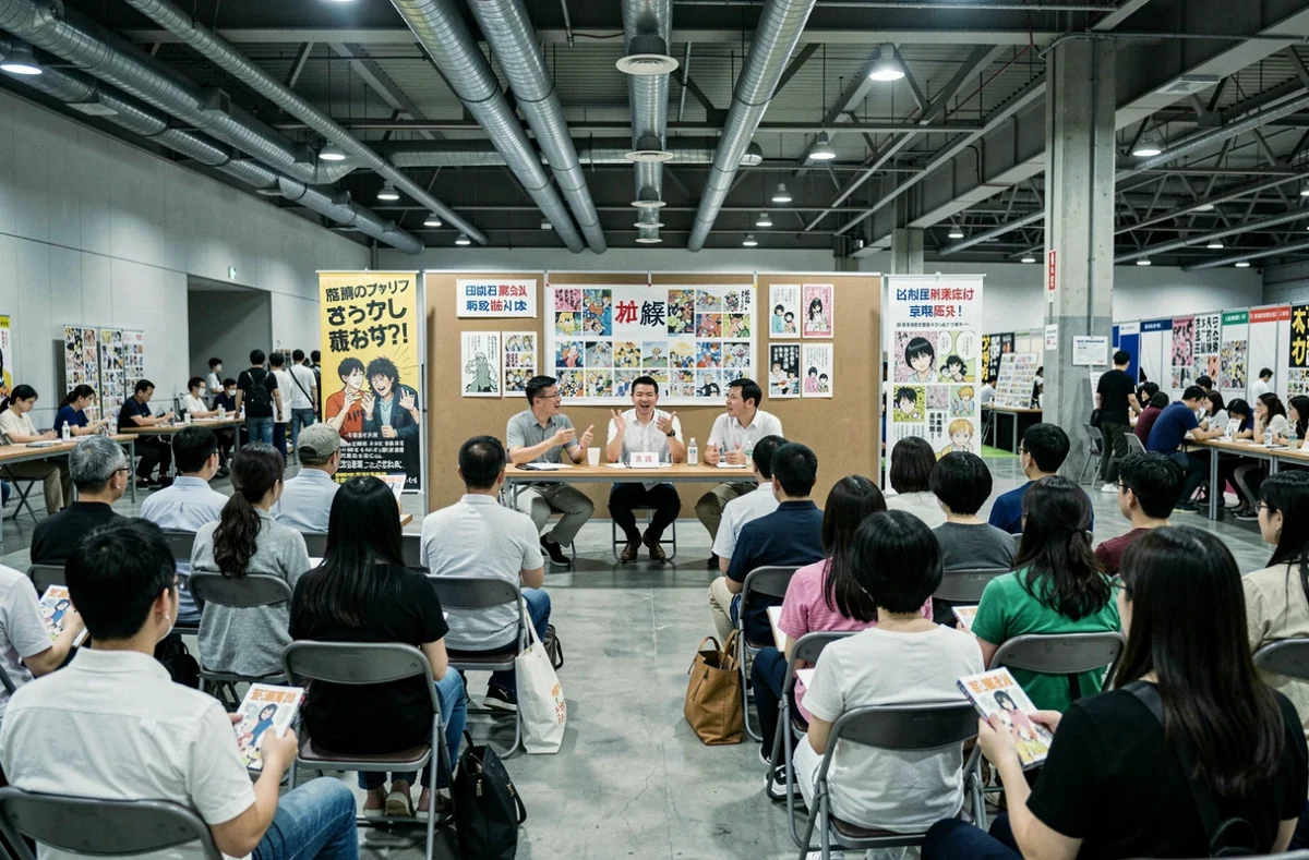 Panel de discussion sur la censure des mangas lors d'une convention avec des participants adultes et des panélistes, débat sur la liberté éditoriale