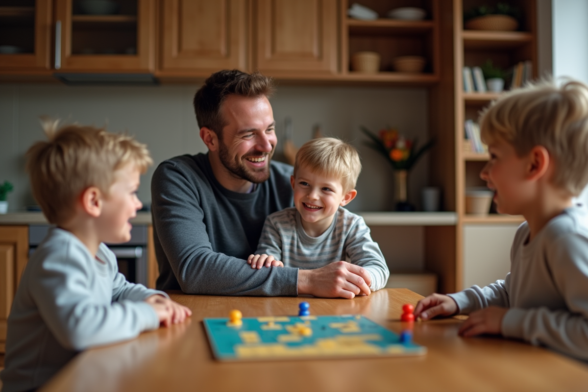 Pere et enfants jouent à un jeu de société à la table
