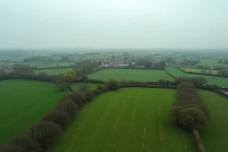Paysage rural normand avec bocage, champs verts et village distant illustrant la faible densité de population en Normandie