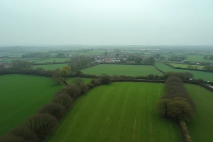 Paysage rural normand avec bocage, champs verts et village distant illustrant la faible densité de population en Normandie