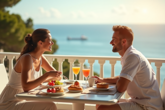 Petit déjeuner détente sur terrasse ensoleillée avec vue sur la mer
