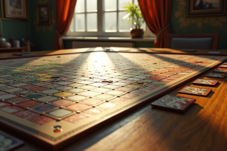 Plateau de jeu coloré avec pièces et cartes en pleine lumière