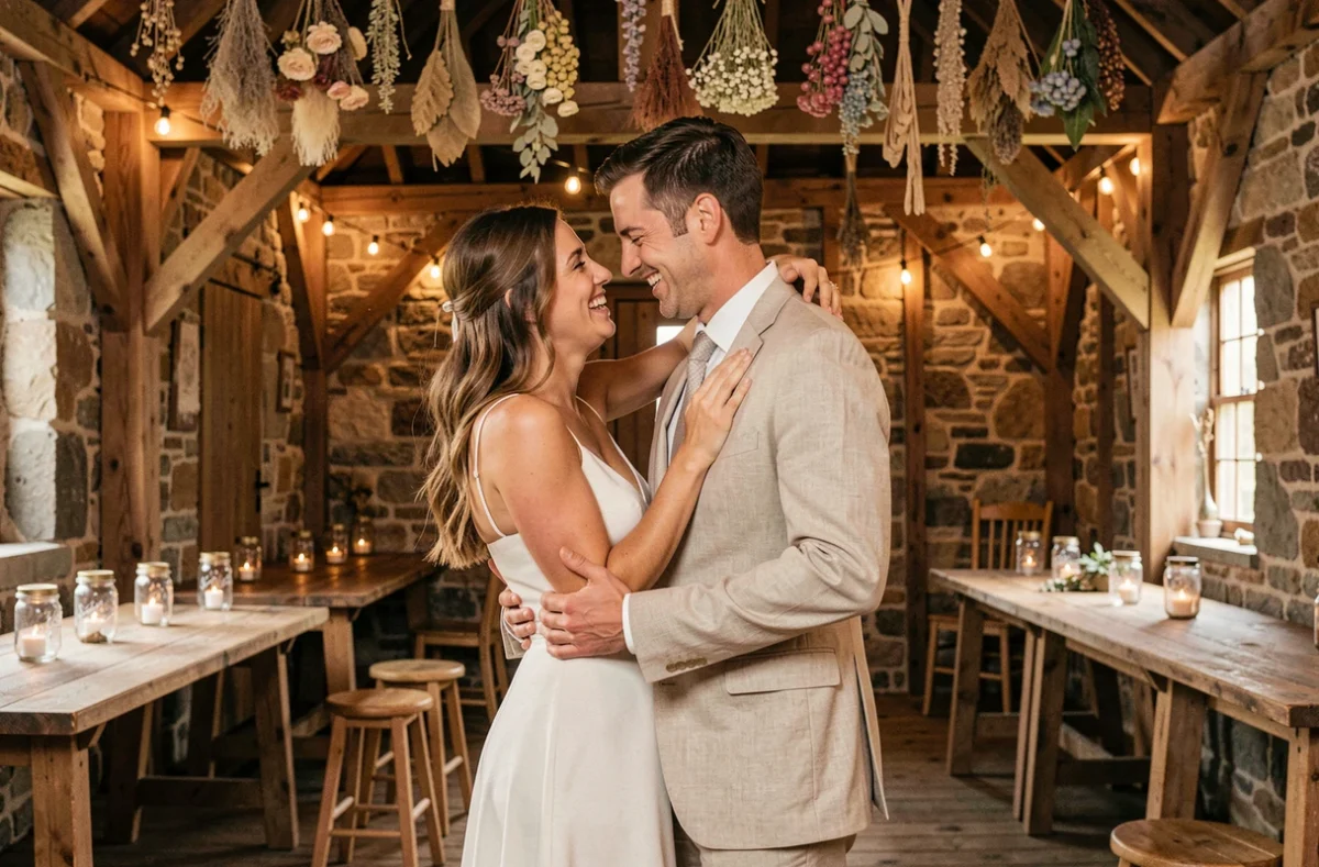 Couple riant pendant leur première danse dans une grange décorée lors d'un mariage bohème