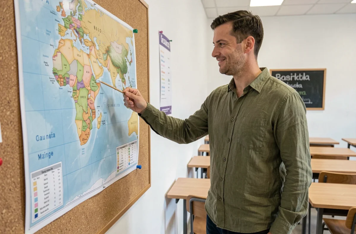 Professeur d'espagnol désignant des pays hispanophones sur une carte murale dans une salle de classe
