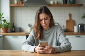 Femme regardant un numéro inconnu sur son téléphone portable dans une cuisine moderne