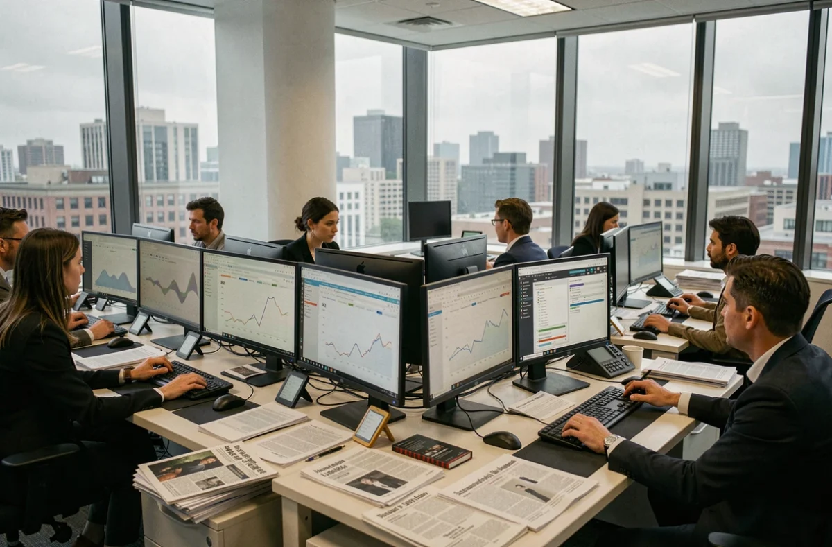 Salle de rédaction moderne avec des journalistes analysant des données sur des écrans multiples, illustrant une enquête journalistique sur les plateformes de leaks en ligne