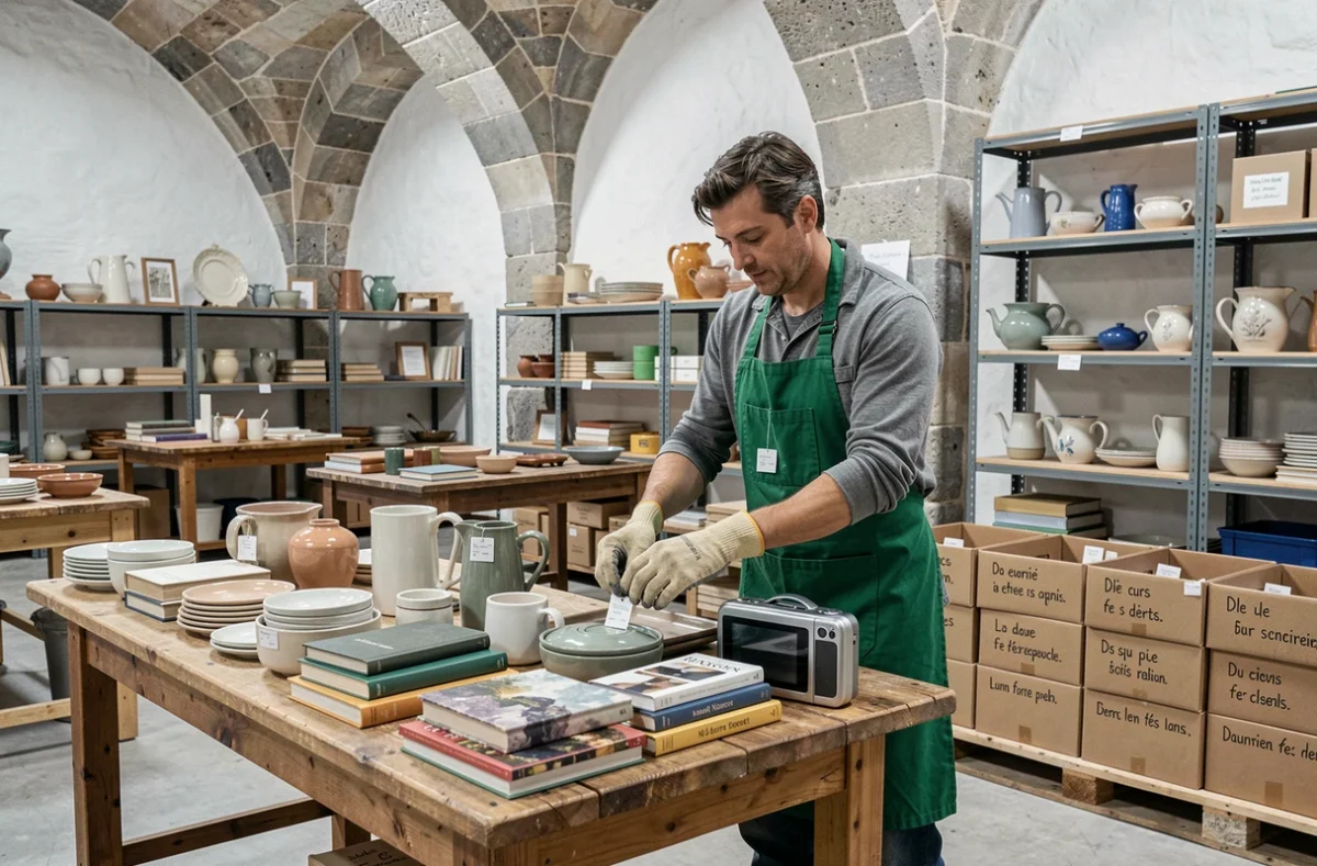 Salarié d'une ressourcerie triant des objets de seconde main dans un entrepôt voûté à Avignon